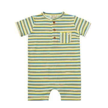 Me & Henry Camborne Henley Romper | Yellow/Blue Multi Striped Rib