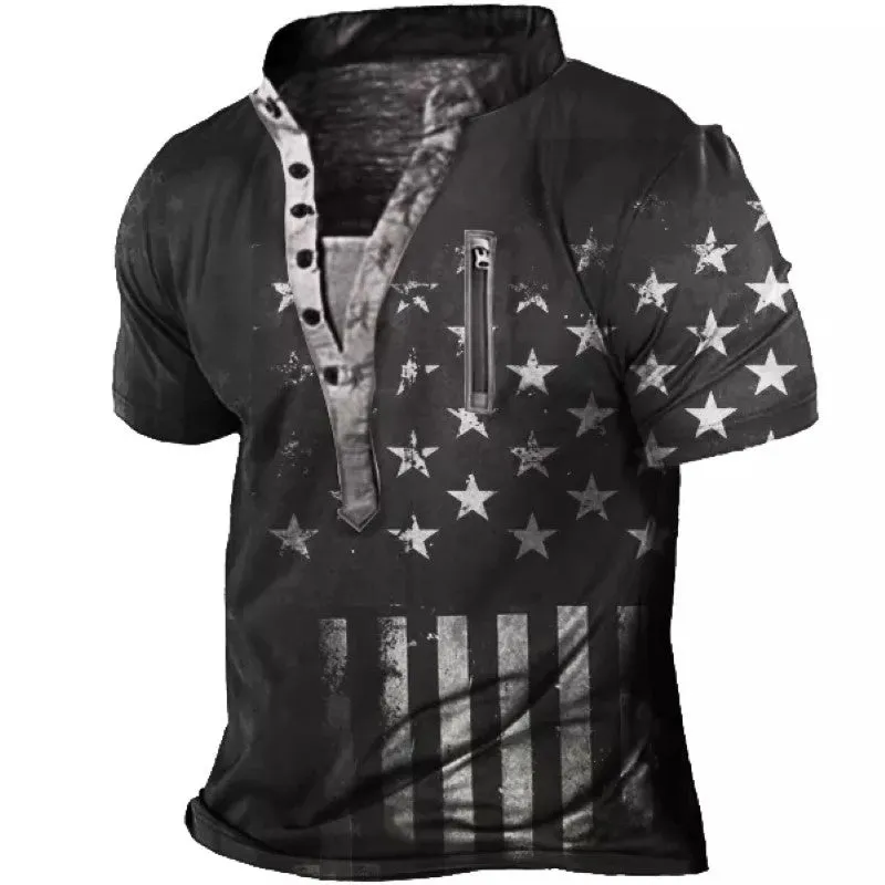 Men's Flag Printed Outdoor Henley Short Sleeve T-Shirt
