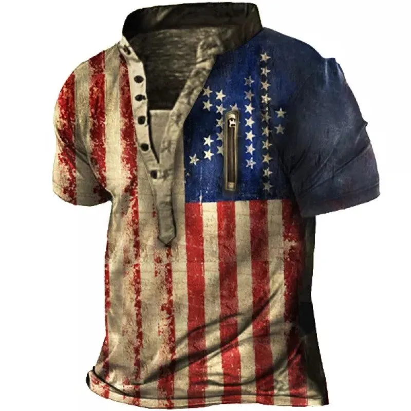 Men's Flag Printed Outdoor Henley Short Sleeve T-Shirt