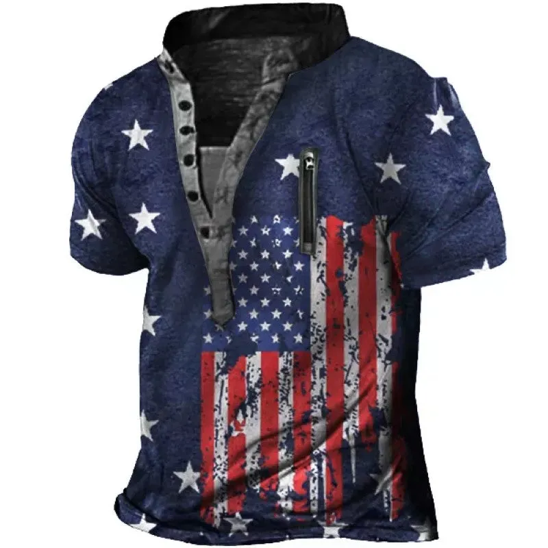 Men's Flag Printed Outdoor Henley Short Sleeve T-Shirt