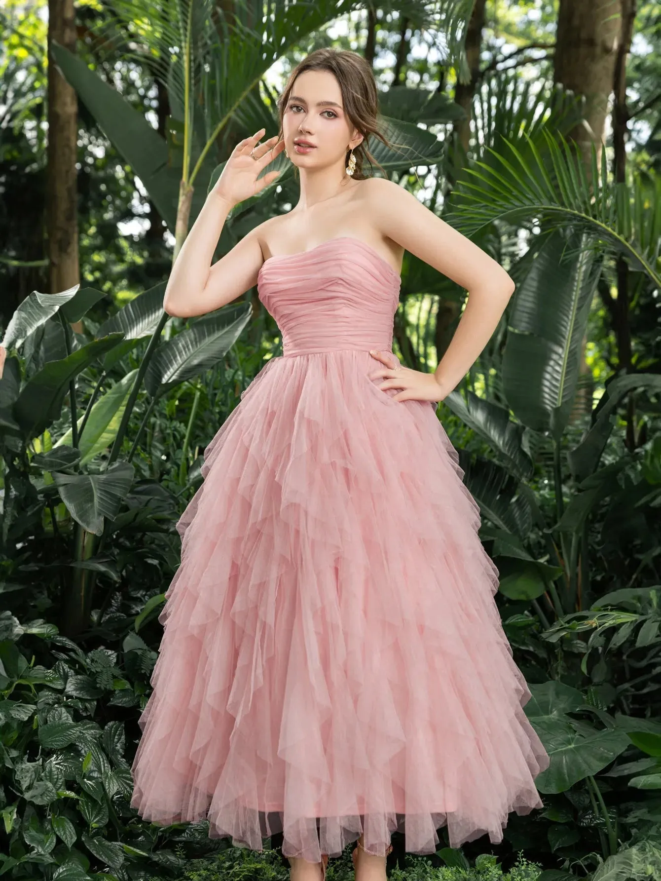 Midi Ruched Bustier Cascading Ruffle Hem Tulle Party Tube Dress