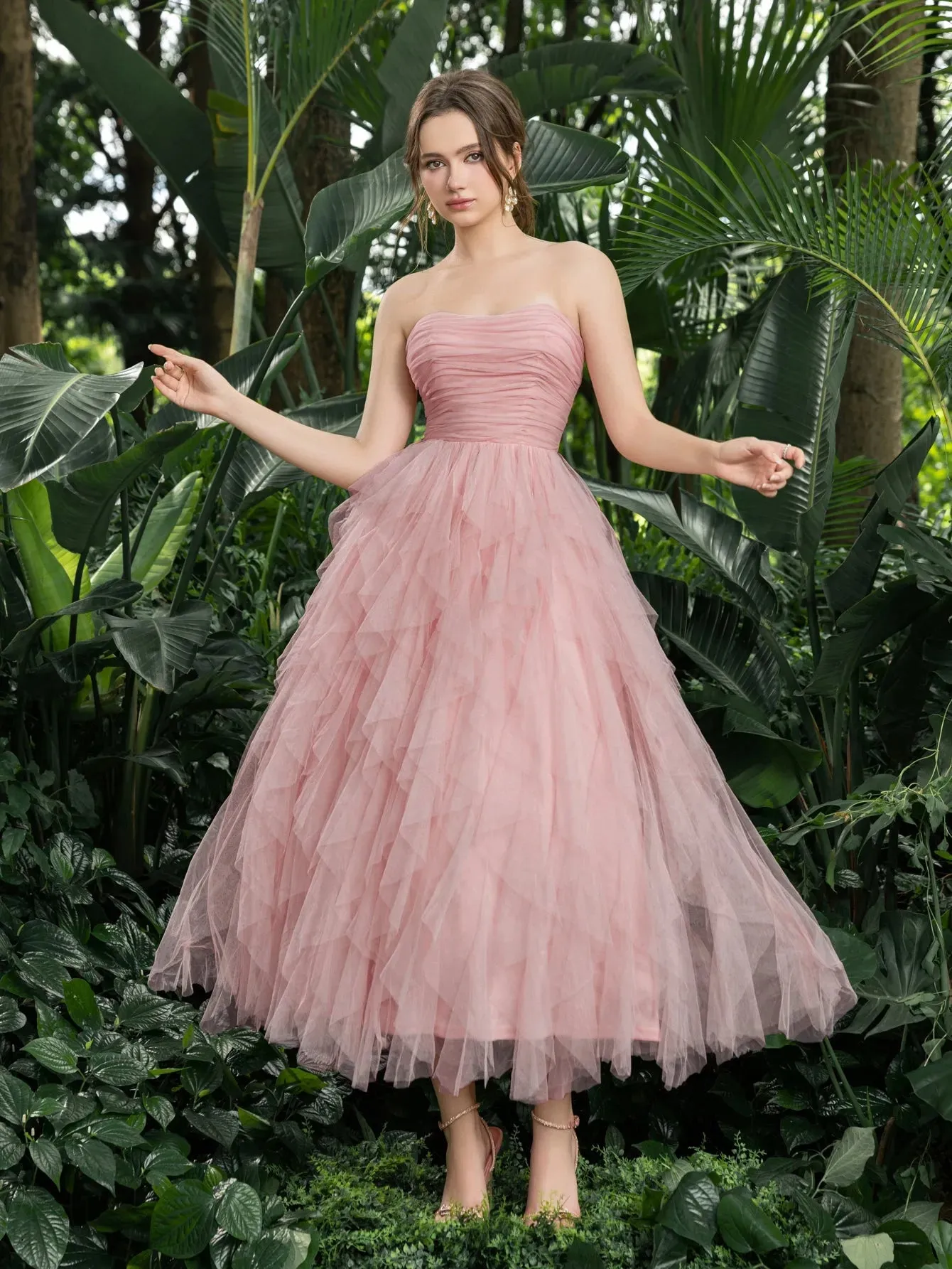 Midi Ruched Bustier Cascading Ruffle Hem Tulle Party Tube Dress