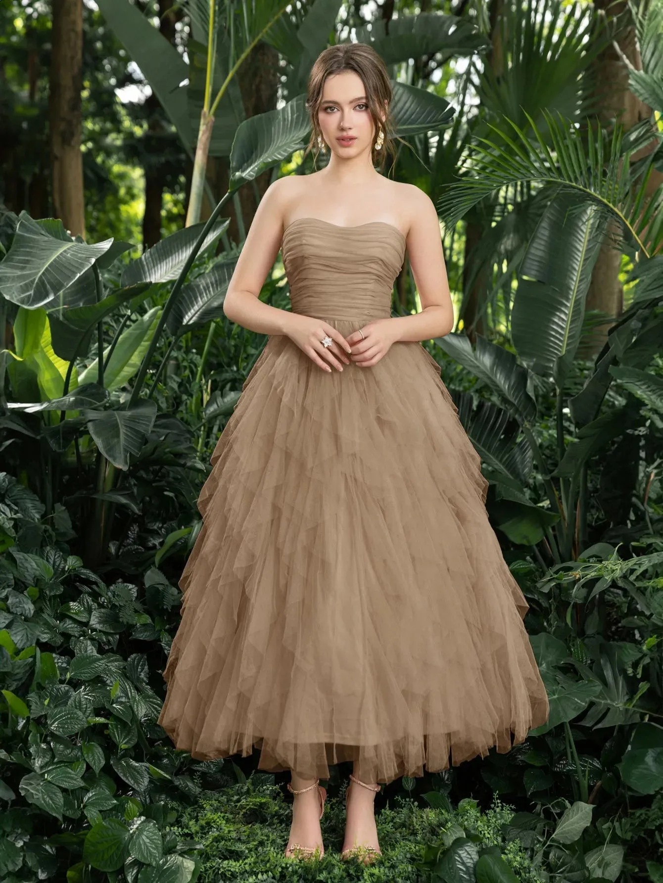 Midi Ruched Bustier Cascading Ruffle Hem Tulle Party Tube Dress