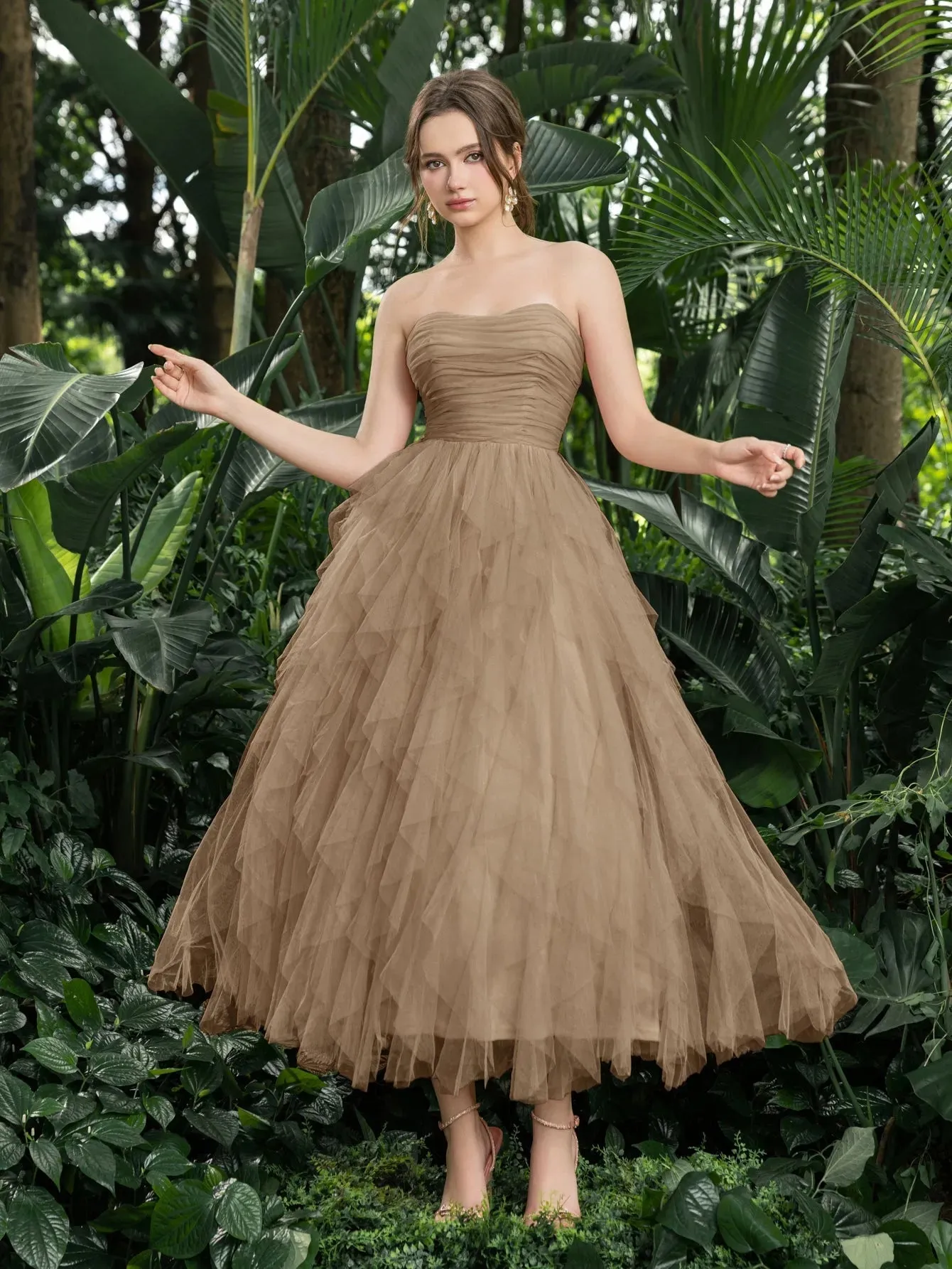 Midi Ruched Bustier Cascading Ruffle Hem Tulle Party Tube Dress