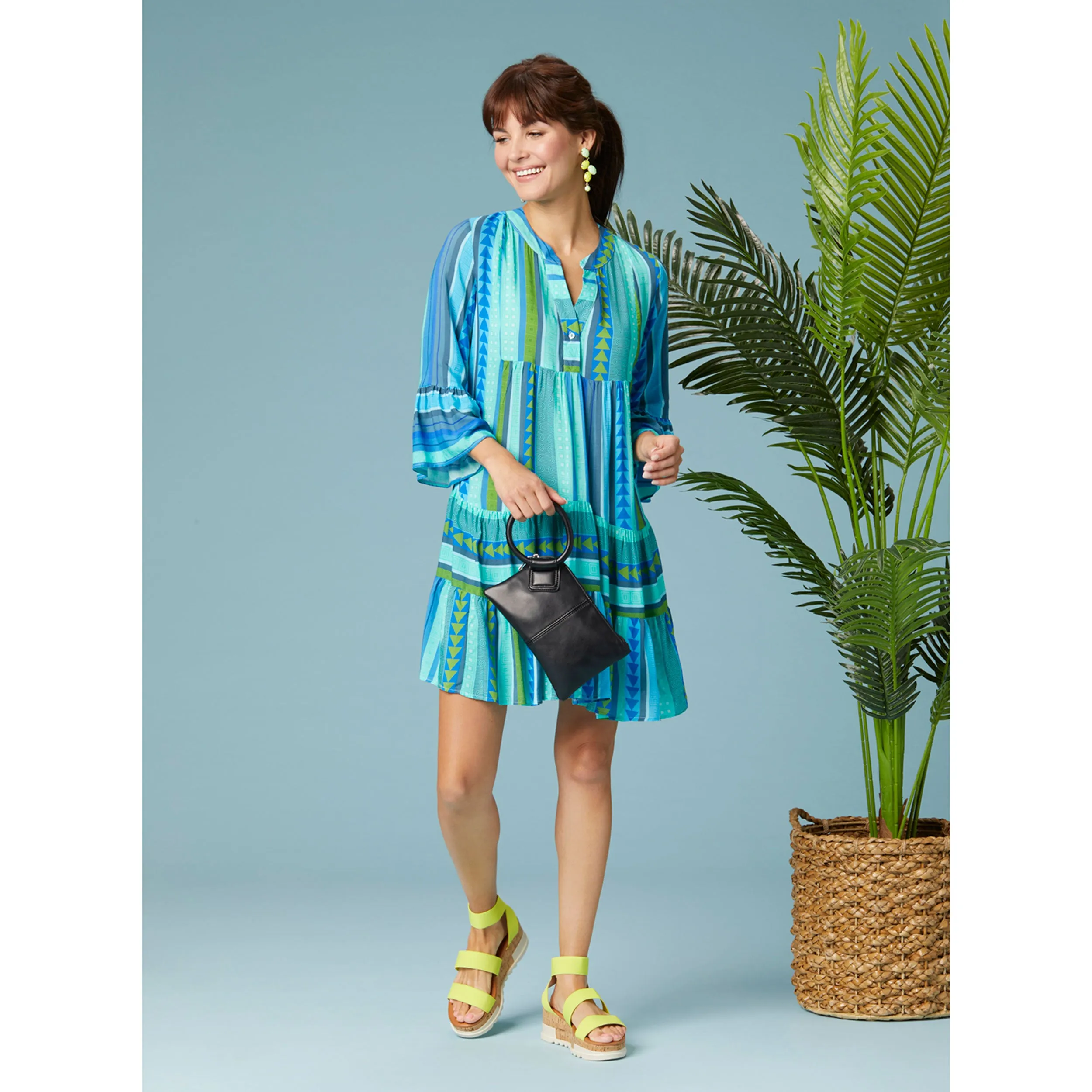 Milena Ruffle Sleeve Tunic Dress - Blue Aztec - Final Sale