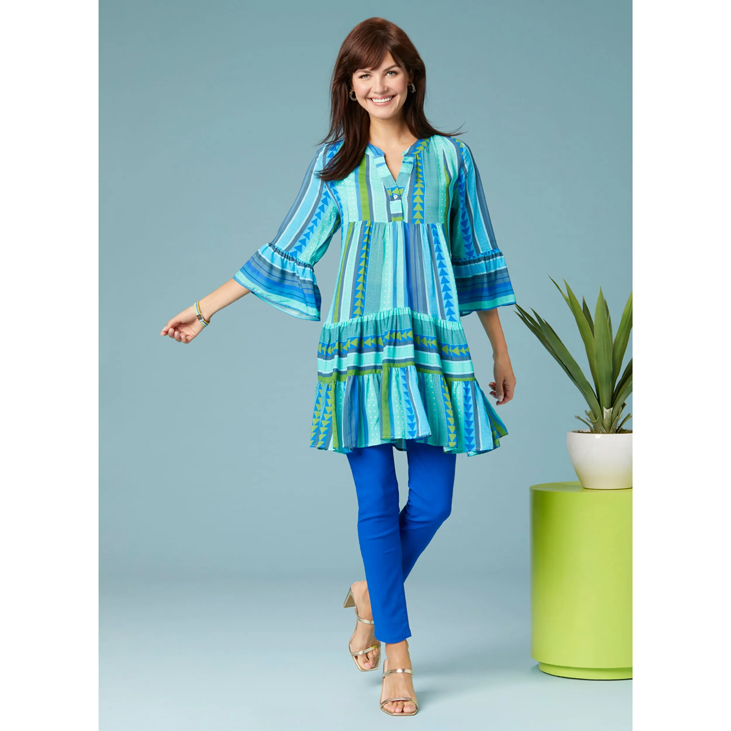 Milena Ruffle Sleeve Tunic Dress - Blue Aztec - Final Sale