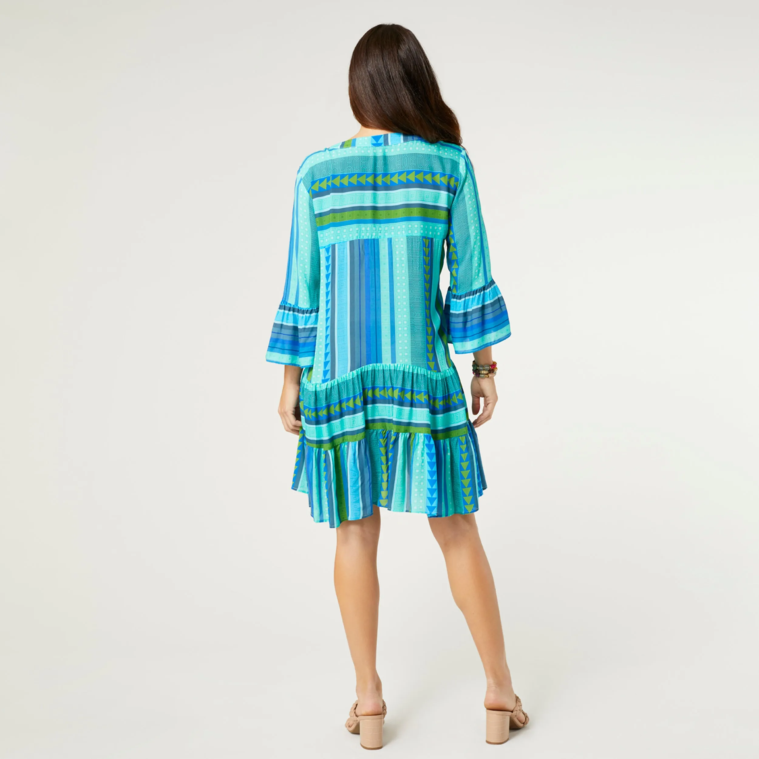 Milena Ruffle Sleeve Tunic Dress - Blue Aztec - Final Sale