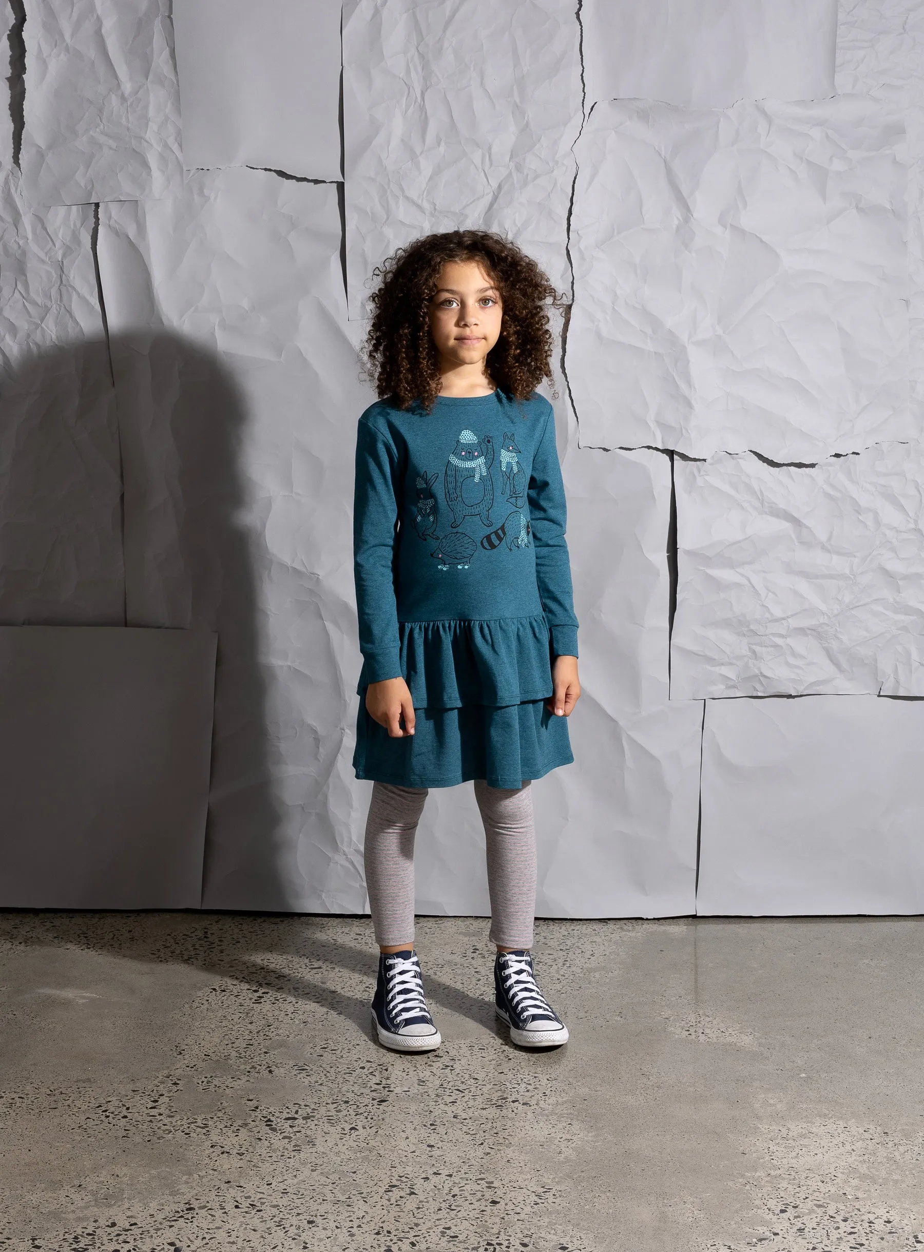 Minti Warm Forest Friends Dress - Teal Marle