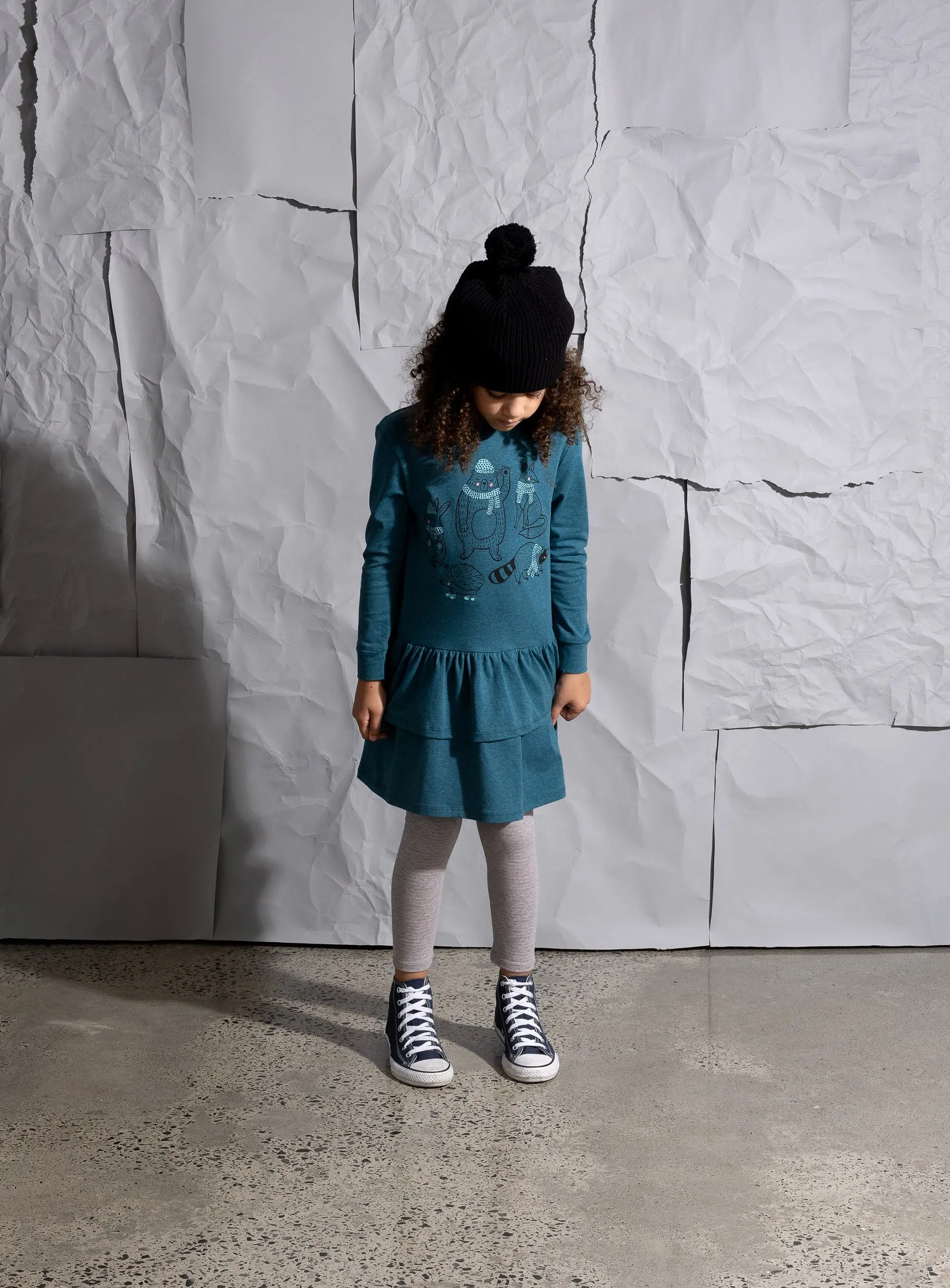Minti Warm Forest Friends Dress - Teal Marle