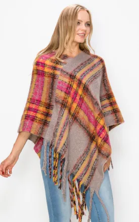 PA3125 / AV432 Plaid Pattern Comfy Soft Poncho w/Tassel