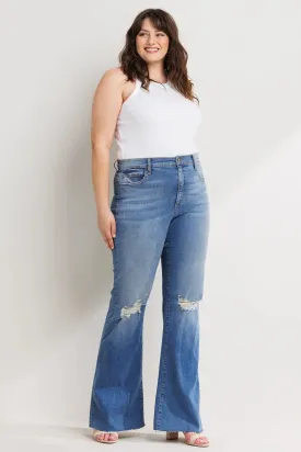 PLUS HIGH RISE DISTRESSED MEDIUM DENIM FLARES WITH RAW HEM