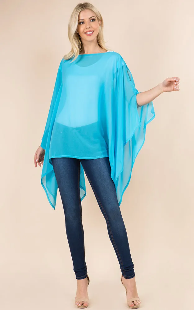 PP3116 Solid Color See Through Poncho Cover Up