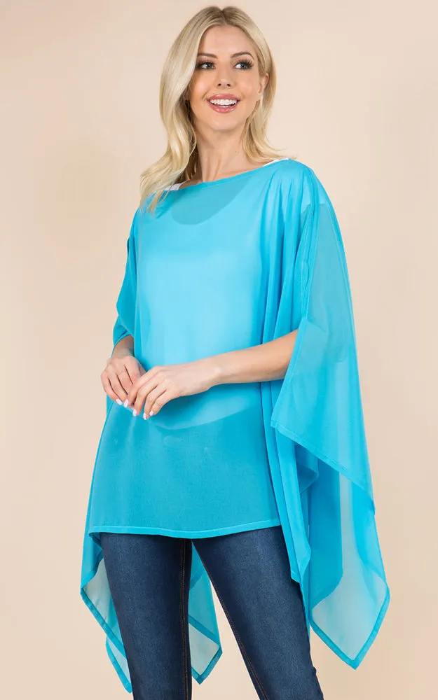 PP3116 Solid Color See Through Poncho Cover Up