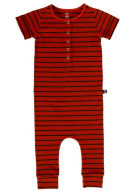 Rags - Essentials Short Rolled Sleeve Henley Rag in Ginger Stripe
