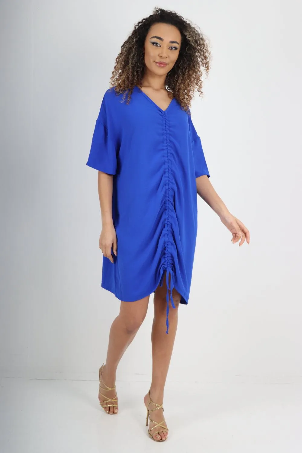 Ruched String V Neck Tunic Top