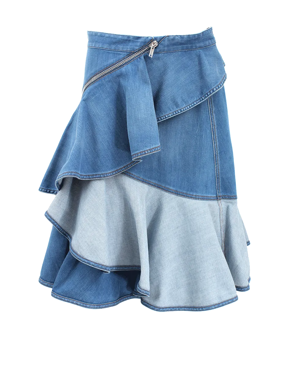 Ruffle Front Denim Zip Skirt
