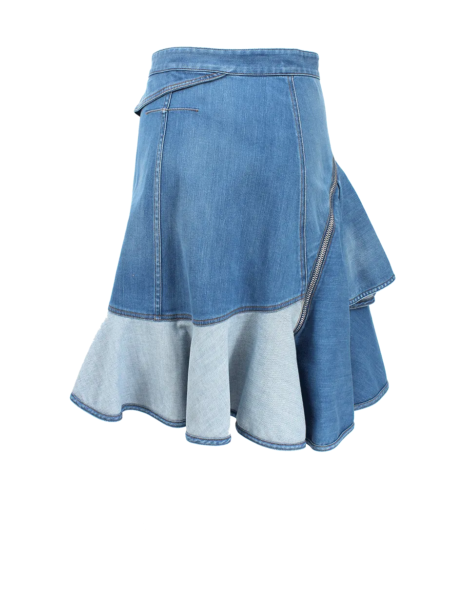 Ruffle Front Denim Zip Skirt