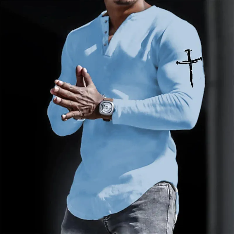 Spring Henley - Jesus Christ Cross 3D Print Streetwear Men's Vintage Button-Down Long Sleeve Shirt
