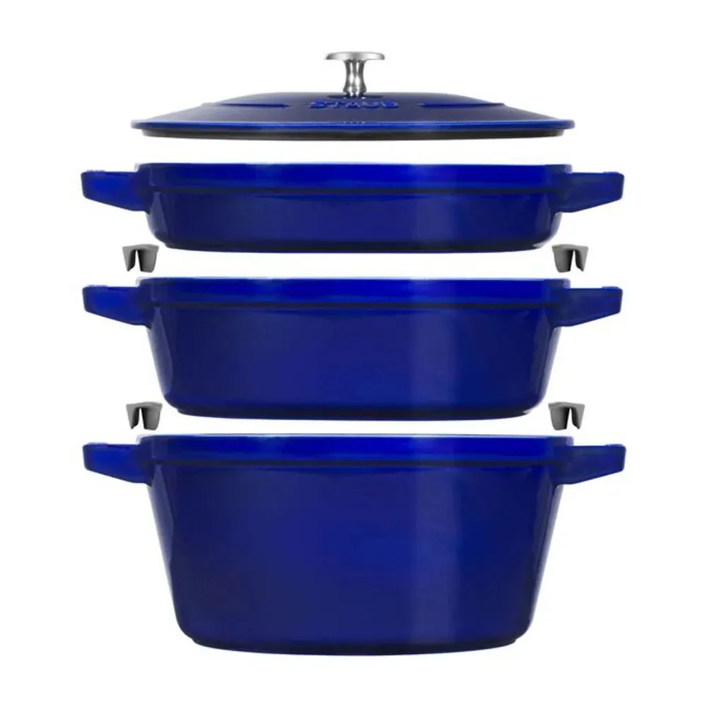Staub 1010769 4 Piece Cast Iron Set with Universal Lid, Dark Blue