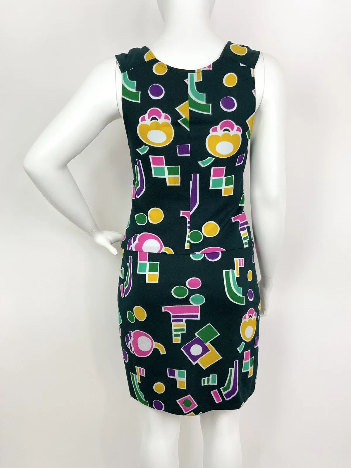 VINTAGE 60s 70s GREEN PINK YELLOW GEOMETRIC MOD PLUNGING SLEEVELESS DRESS 14 16