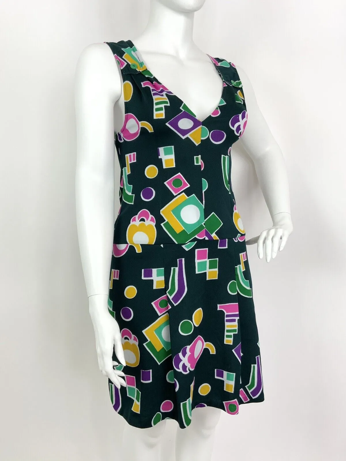 VINTAGE 60s 70s GREEN PINK YELLOW GEOMETRIC MOD PLUNGING SLEEVELESS DRESS 14 16
