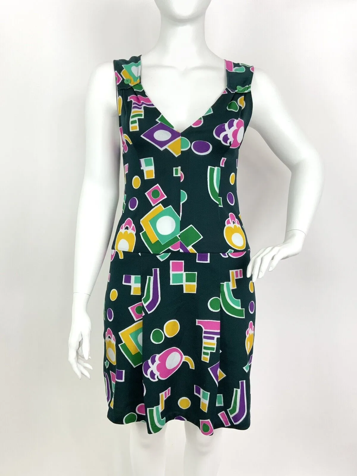 VINTAGE 60s 70s GREEN PINK YELLOW GEOMETRIC MOD PLUNGING SLEEVELESS DRESS 14 16