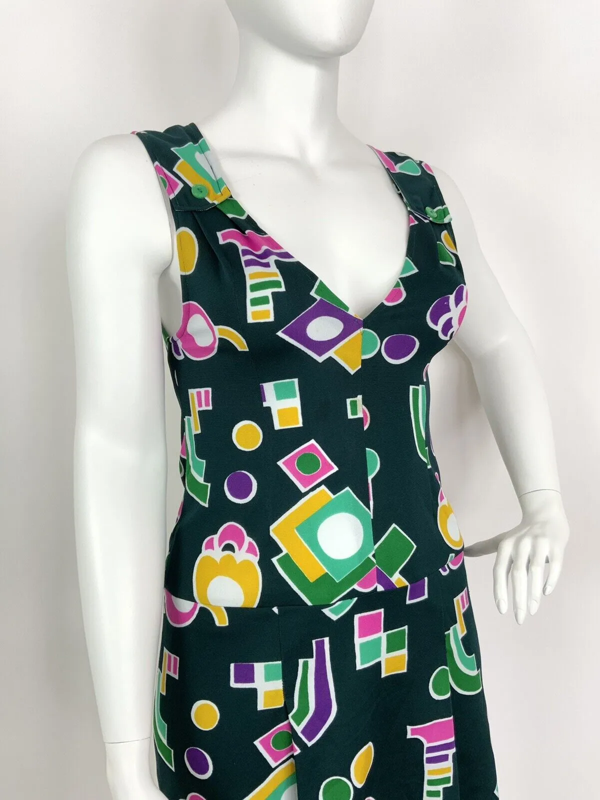 VINTAGE 60s 70s GREEN PINK YELLOW GEOMETRIC MOD PLUNGING SLEEVELESS DRESS 14 16