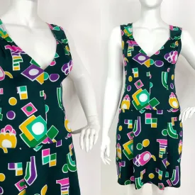 VINTAGE 60s 70s GREEN PINK YELLOW GEOMETRIC MOD PLUNGING SLEEVELESS DRESS 14 16
