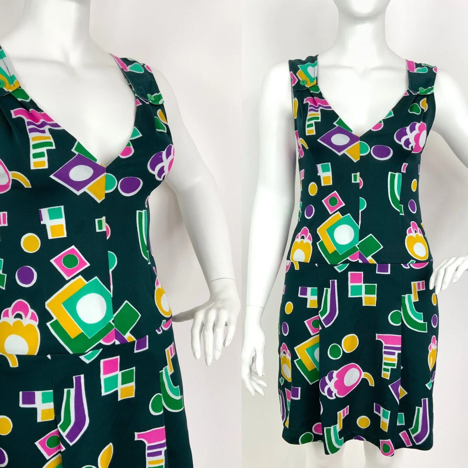 VINTAGE 60s 70s GREEN PINK YELLOW GEOMETRIC MOD PLUNGING SLEEVELESS DRESS 14 16