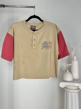 VINTAGE TAN COLORBLOCK CROPPED HARLEY DAVIDSON HENLEY T-SHIRT