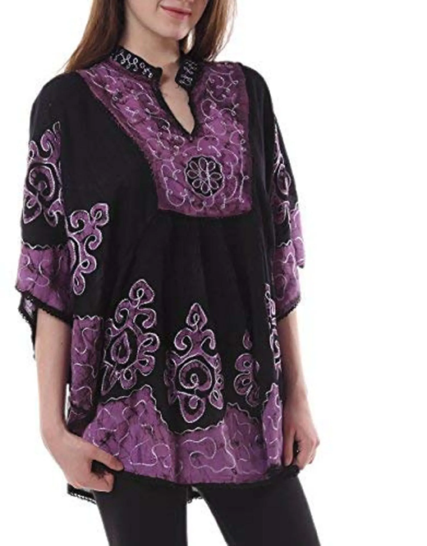 Whitewhale Womens Collar V Neck Rayon Kaftan Batik Poncho Kurti Top - Free Size