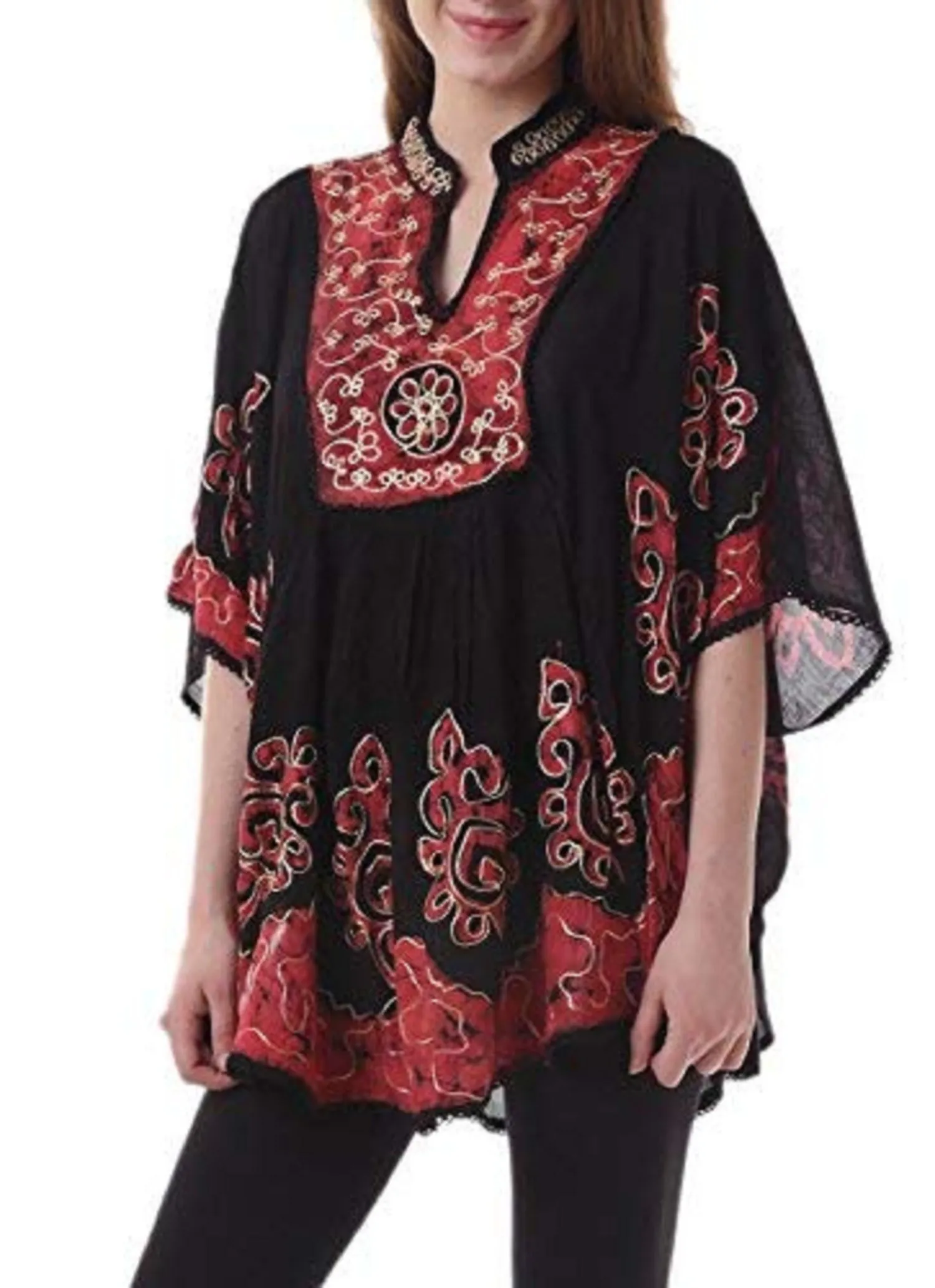 Whitewhale Womens Collar V Neck Rayon Kaftan Batik Poncho Kurti Top - Free Size