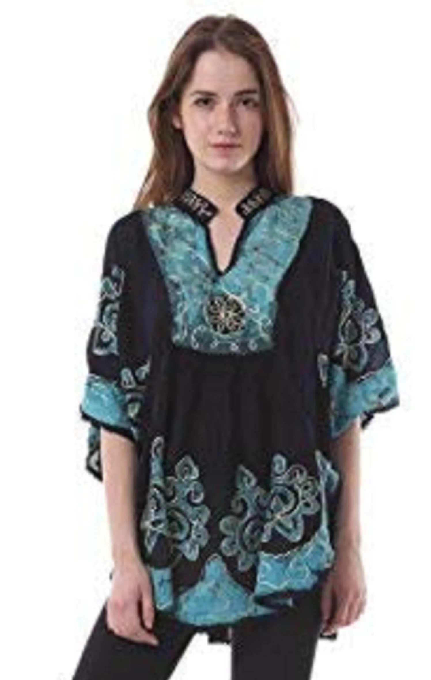 Whitewhale Womens Collar V Neck Rayon Kaftan Batik Poncho Kurti Top - Free Size